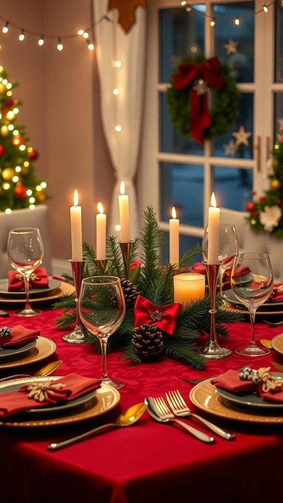 A festive Christmas table setting with red and green decorations, candles, and a greenery centerpiece.